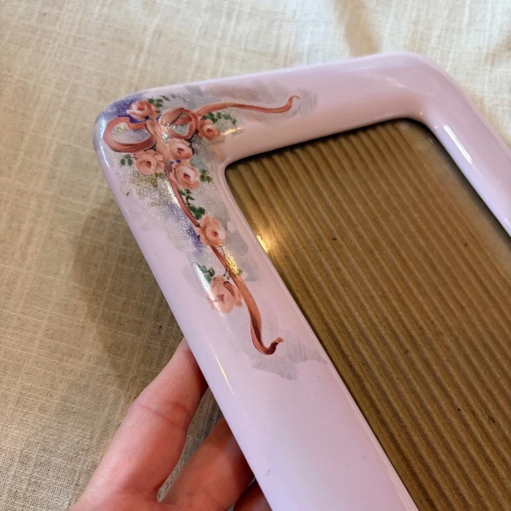 Vintage Pink Ceramic Floral‎ Photo Frame 5x7 Rose Ribbon Bow Cottagecore Decor